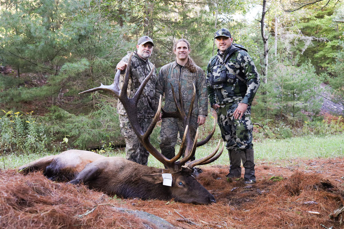 From left, guide Mike Conaway, hunter Mike Skvarla and caller Abner Druckenmiller pose with the elk shot in Centre County.